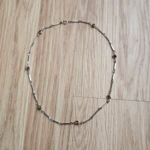 Gold Tone Bar Link Station Necklace Faux Amber Black Cabochon Beads 18 in Danity